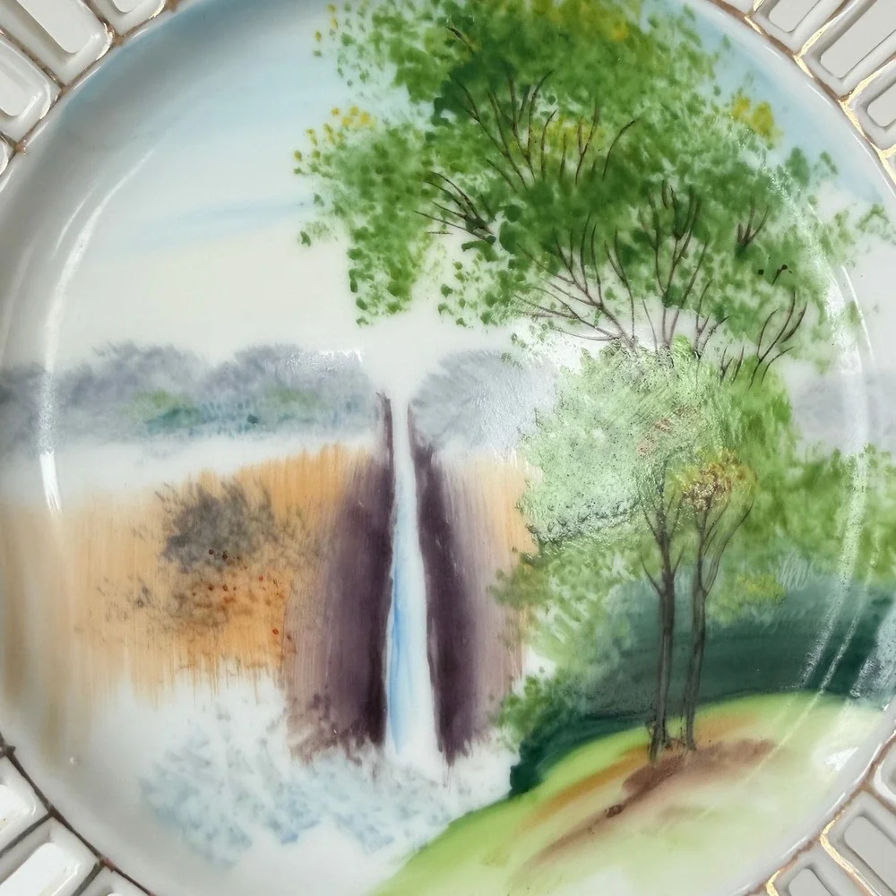 Ucagco China Hand Painted Landscape Plate Reticulated Gold Gilt Japan 7.5 Inch